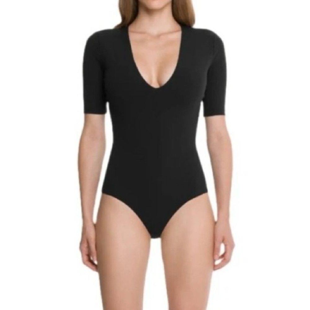 WOLFORD Deep V Short Sleeve Stringbody Bodysuit Black - NEW XS